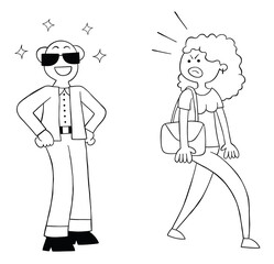 Cartoon old man is lecherous but the young woman is angry with him, vector illustration