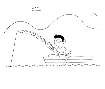 recommend clip art: Cartoon man fishing with hook in boat, lake or sea, vector illustration