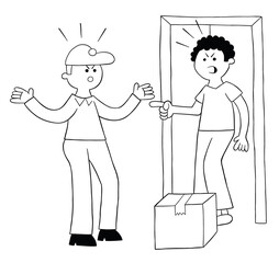 Cartoon courier brings parcel, discusses with customer, vector illustration