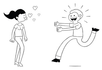 Cartoon woman blows kisses and man runs to her very excited, vector illustration