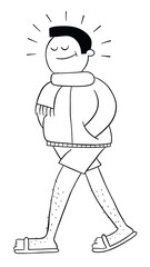 Cartoon man dressed in interesting outfit, coat, under shorts and slippers, vector illustration