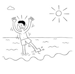 Cartoon man can't swim and is afraid of the sea, vector illustration