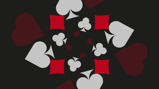 Diamonds, Clubs, Hearts, and Spades are playing card symbols on a black background. The animated spiral is a simple motion graphic of a gambling concept