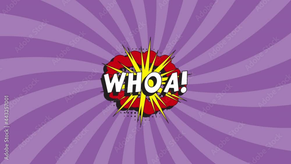 Poster 'whoa!' in a retro comics speech bubble with halftone dotted shadow over a violet rayed animation ba