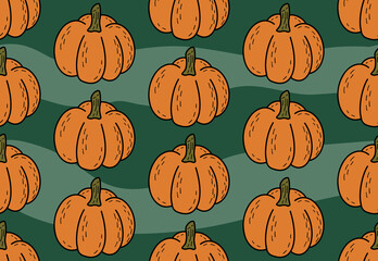 Seamless pattern with hand drawn orange pumpkins in black ink outline on green background with lines. Cute simple autumn fall, Halloween, Thanksgiving vector backdrop boho abstract design