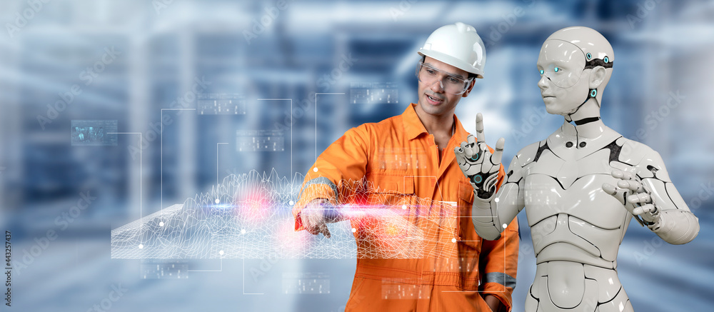 Aufkleber 3d humanoid robot and human working automated in factory futuristic modern tech. future digital tech