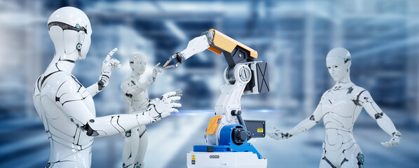 3D Humanoid robot and robot arm working automated in factory futuristic modern tech. Future digital...