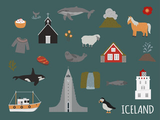 Iceland vector illustration set buildings animals nature food