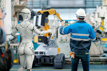 3D Humanoid robot, robot arm and human working automated in factory futuristic modern tech. Future...