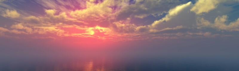 Sea sunset panorama, ocean sunrise, the sun among the clouds above the water, 3D rendering