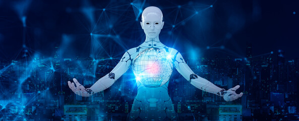 Android robot computer metaverse cyberspace background, futuristic world power of future digital...