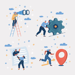 Naklejka premium Vector illustration of people. Man try to push gear, woman run to location, making investigation with binocular, hr person looking for employee