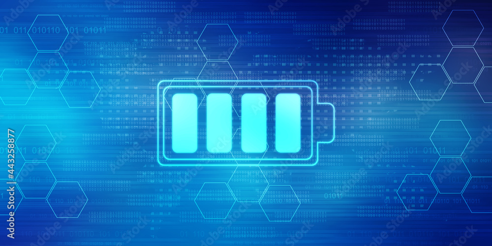 Poster 2d rendering electrical energy and power supply source concept, accumulator battery with charging le