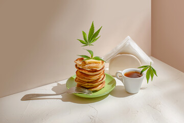 Healthy breakfast with cannabis. Tea, fresh pancakes and hemp leaf on the table