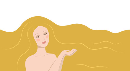 Portrait of a beautiful girl with blond hair isolated on a white background. Model woman with well-groomed long hair. Place for text. Modern colorful vector illustration in cartoon flat style. 