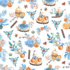 Seamless pattern of arrangements of botany elements, fruits, spices and Christmas items, made in the technique of colored pencils. Hand drawn.