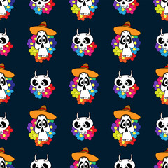 Seamless pattern with funny skulls and flowers. Drawn by hand. El Dia De Muertos. Festive vector illustration.