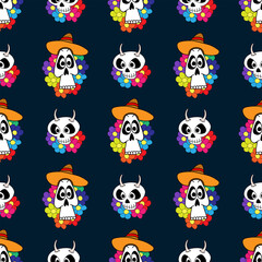 Seamless pattern with funny skulls and flowers. Drawn by hand. El Dia De Muertos. Festive vector illustration.