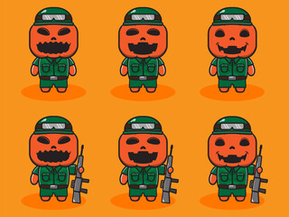 Vector illustration of cute Pumpkin Halloween cartoon with Soldier Costume. Good for icon, logo, label, sticker, clipart.