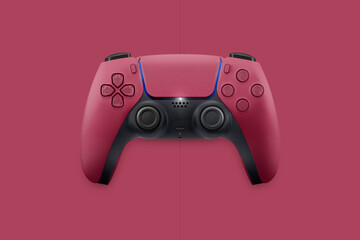 Next generation red game controller isolated on cosmic red background. Top view.