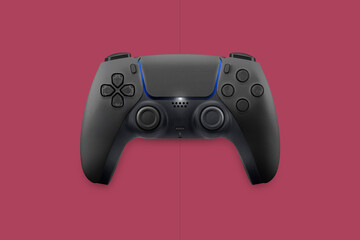 Next generation black game controller isolated on cosmic red background. Top view.