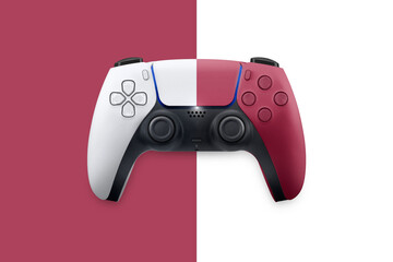 Next generation game controller isolated on background. Half and half white and red. Top view. - obrazy, fototapety, plakaty