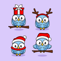 Set of cute owl with Christmas costume and decoration