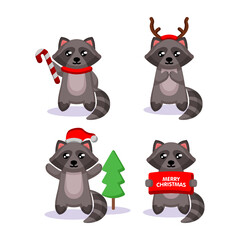 Set of cute raccoon with Christmas costume and decoration
