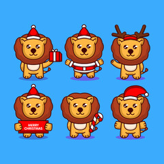 Set of cute lion with Christmas costume and decoration