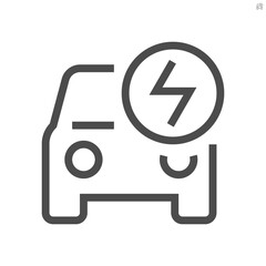 Electric vehicle (EV) vector icon. Consist of front car, electrical sign. That charge, recharge and supply green power energy from charger to battery. Concept for ecology, clean energy. 48x48 px.