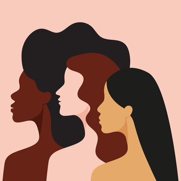 Women of different races standing together. Profile silhouettes of three female characters with various skin colors and hair styles. Minimal flat style illustration. Feminist movement concept