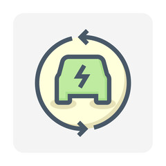 Electric vehicle (EV) vector icon. Consist of car, electrical, arrow. That charge, recharge to supply green power energy from charger to rechargeable battery. concept for transportation. 48x48 pixel.