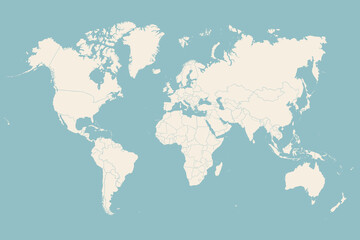 Carte du monde. Affiche du monde, carte de la terre avec des pays, silhouettes isolées de pays sur fond bleu. Carte du monde d& 39 affiche dessinée à la main de couleur blanche et grise bleue. Illustration vectorielle