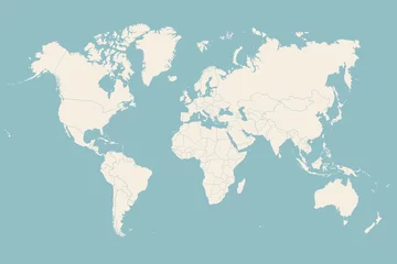  Wereldkaart. Poster van de wereld, aardekaart met landen, geïsoleerde silhouetten van landen op blauwe achtergrond. Witte en grijze blauwe kleur handgetekende poster wereldkaart. vectorillustratie © foxysgraphic