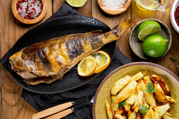 Baked sea bass or lingcod fish with potatoes on the wooden table