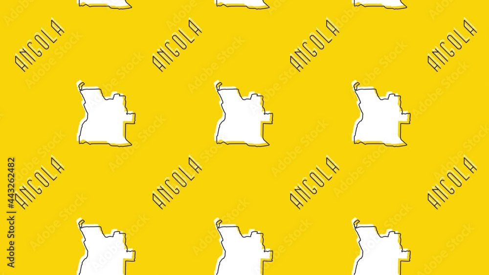 Poster on a yellow background, a white country map of angola has a pattern of black thin line borders. conc
