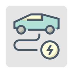 Electric vehicle (EV) vector icon. Consist of car, cable or wire and electrical sign. That for charge, recharge and supply green power energy to rechargeable battery for transportation. 48x48 pixel.
