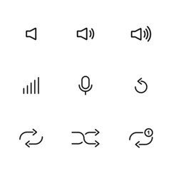 Audio set of icons. Minimalist music control icons. Songs and Music Control UI icons. Shuffle, Repeat Track, Volume and Speaker vector set.  International audio ui set icons.