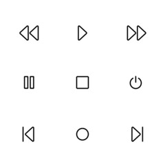 Audio set of icons. Minimalist music control icons. Songs and Music Control UI icons. Play, Record, Pause, Next, Previous and Pause vector set. International audio ui set icons.