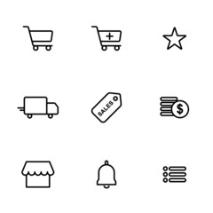 e-commerce flat icon set. Collection of online web icons like sales, cart, buy, coins, notification items, bookmark etc. Universal ui set. Web use design icon. International digital icons. ui set.