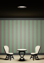 部屋　ストライプ壁紙　緑　椅子　テーブル　3DCG　インテリア