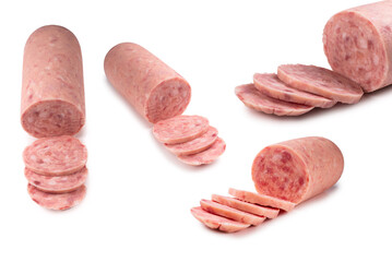 Boiled sausage isolated on white background. Slices.