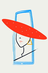 Fashion woman with hat. Contemporary portrait art. Surreal face. Abstract expressionist portrait. Modern figure graphic design. Vector illustration. Wall decoration.