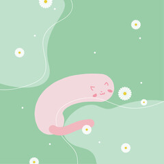 Lazy fat cat sleeping with daisy flower background. Graphic illustration with abstract art. Cat sleeping peacefully.