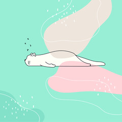 Lazy cat  sleeping. Vector illustration character design white cat sleeping on pastel color.