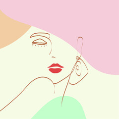 Portrait of a model in a hat drawn in a minimalist style with abstract memphis art. Classic vogue fashion style. Elegant graphic. Beautiful woman in hat.