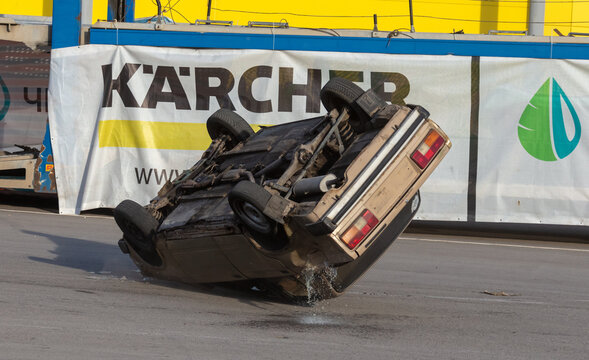 Lipetsk, Russia - May 14, 2021: Upside Down Car At  Stunt Festival.