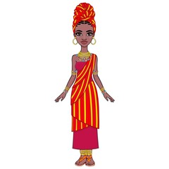 Animation portrait of a young African woman in a red turban and ethnic jewelry. Full growth. Template for use.  Vector illustration isolated on white background.