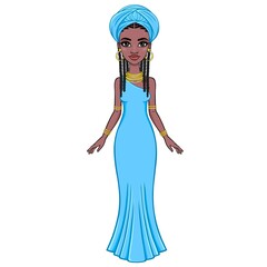 Fototapeta premium Animation portrait of a young African woman in a blue turban. Full growth. Template for use. Vector illustration isolated on white background