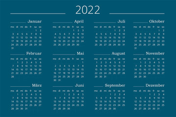 Calendar 2022 year in German. Horizontal Vector editable template on blue background. Simple and clean design